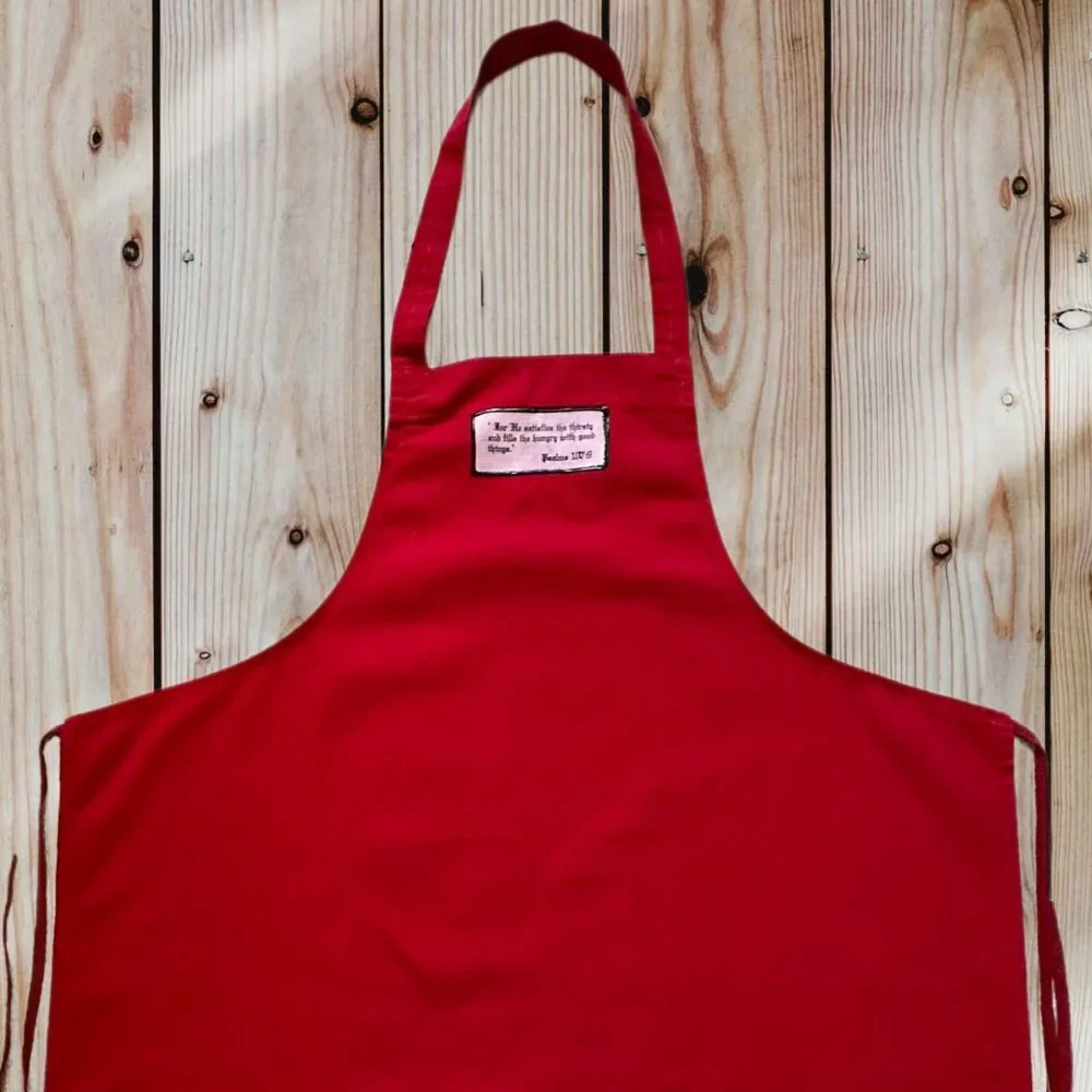 Vintage Christian red grilling / cooking apron, Psalms bible verse